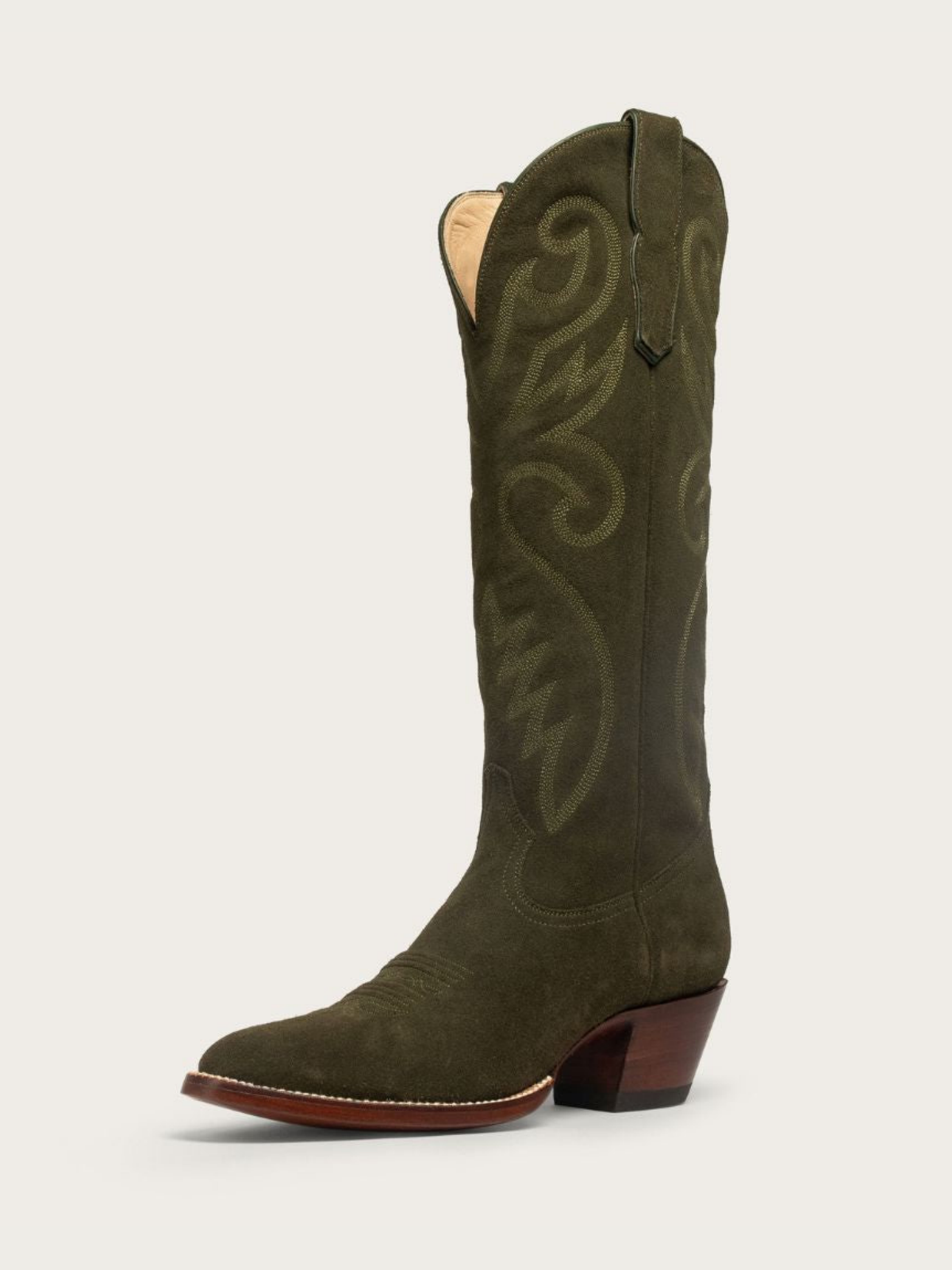 Green Faux Suede Embroidery Almond-Toe Wide Mid Calf Tall Cowgirl Boots