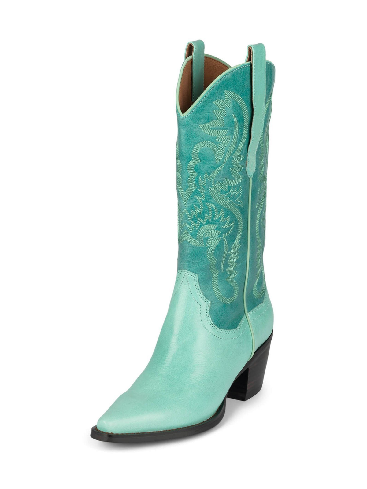 Contrast Light Green And Green Snip-Toe Embroidery Wide Mid Calf Tall Cowgirl Boots