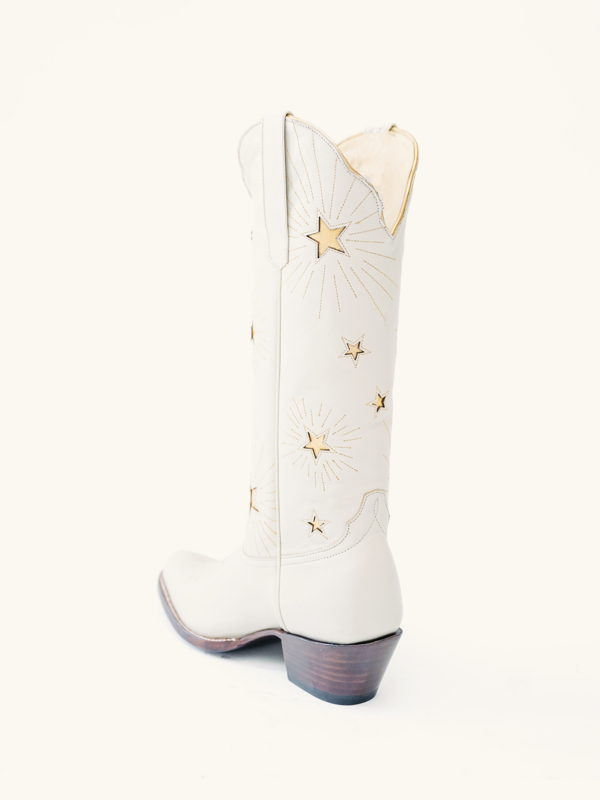 White Stitch Almond-Toe Wide Calf Western Cowgirl Boots With Metallic Gold Star Inlay