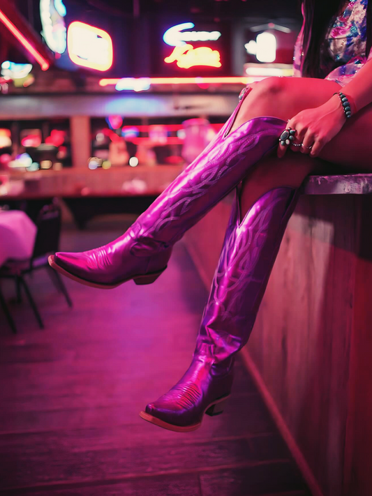 Metallic Purple Embroidery Snip-Toe Wide Calf Western Boots Knee High Tall Boots