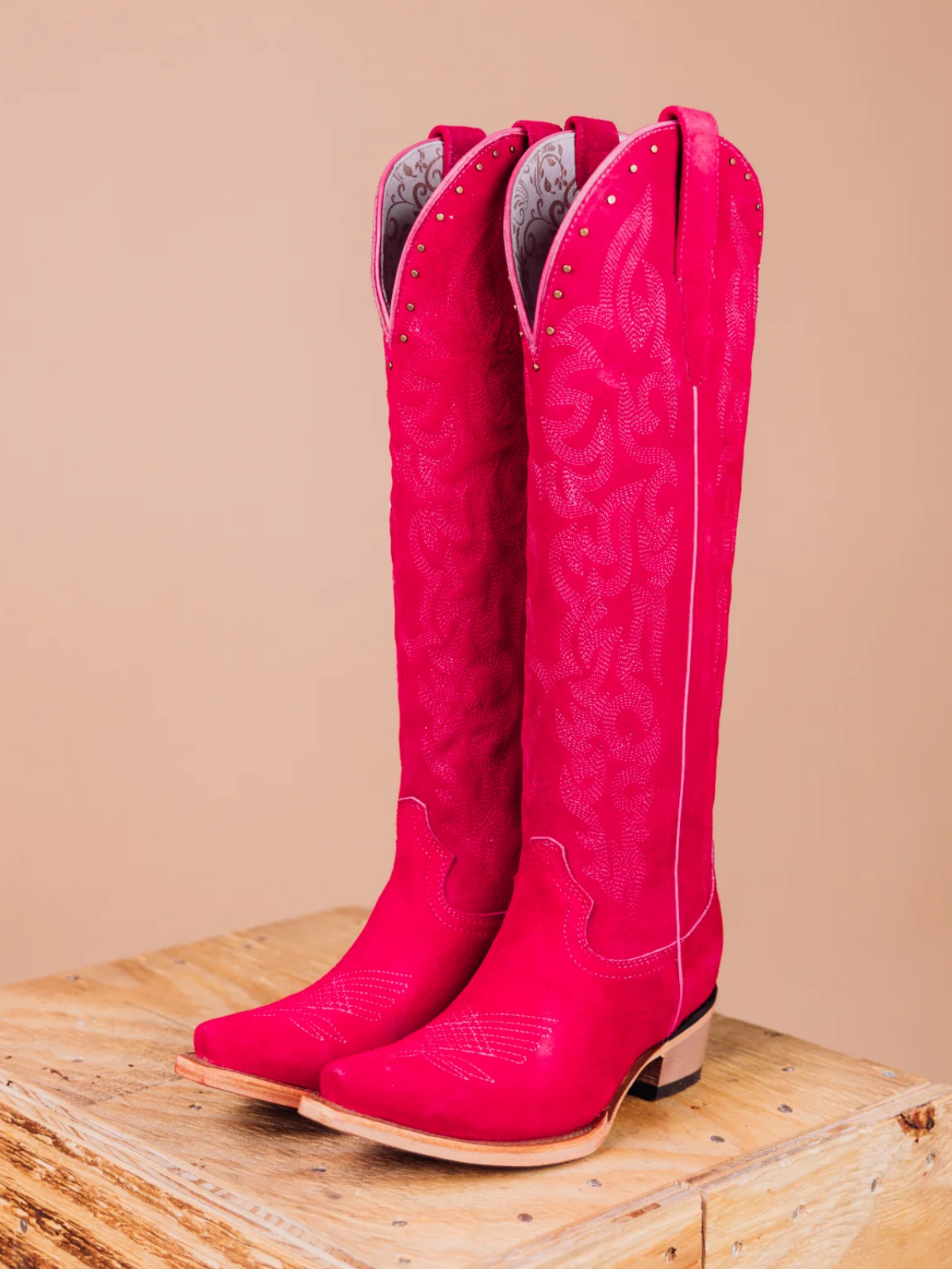 Cerise Red Faux Suede Studded Embroidery Snip-Toe Half-Zip Cowgirl Knee High Tall Boots