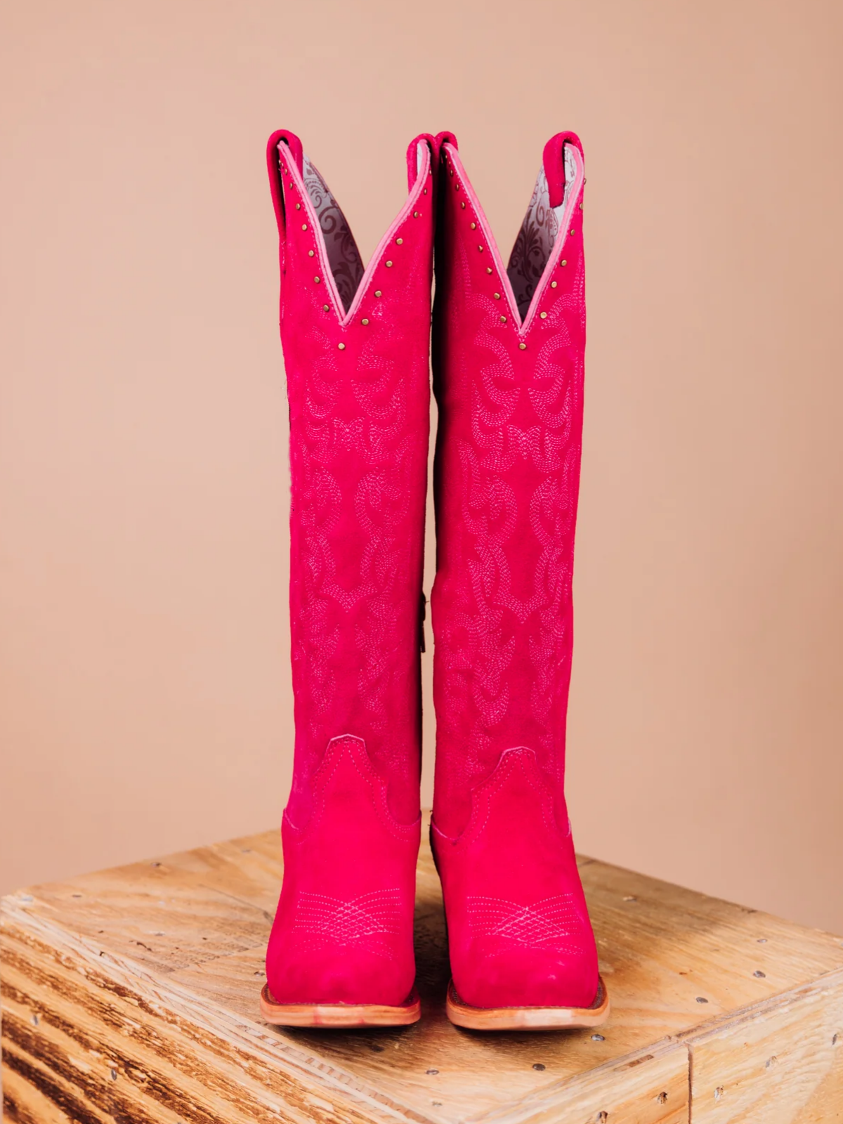 Cerise Red Faux Suede Studded Embroidery Snip-Toe Half-Zip Cowgirl Knee High Tall Boots