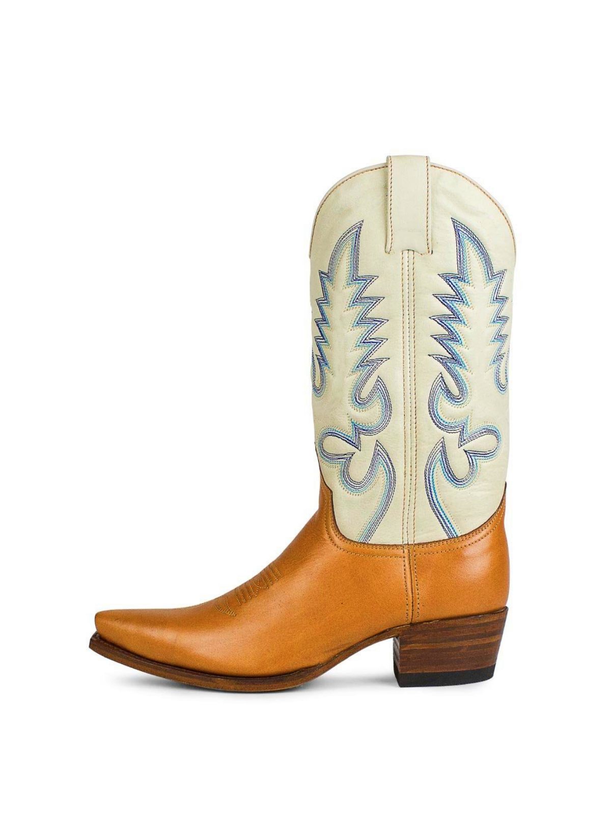 Contrast Brown And Ivory Embroidery Snip-Toe Wide Mid Calf Cowgirl Boots