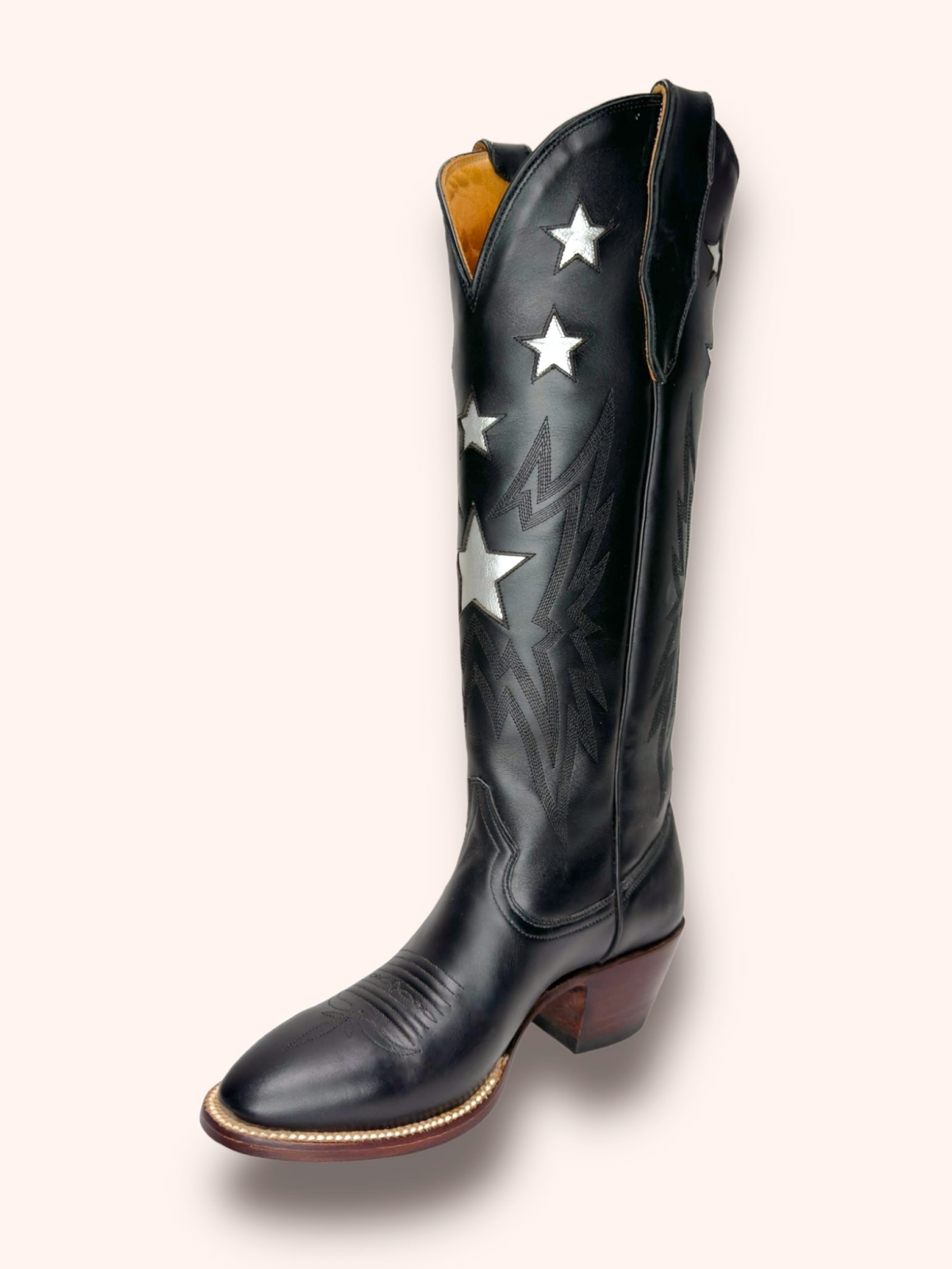 Metallic Star Inaly Embroidery Almond-Toe Wide Mid Calf Tall Cowgirl Boots - Black