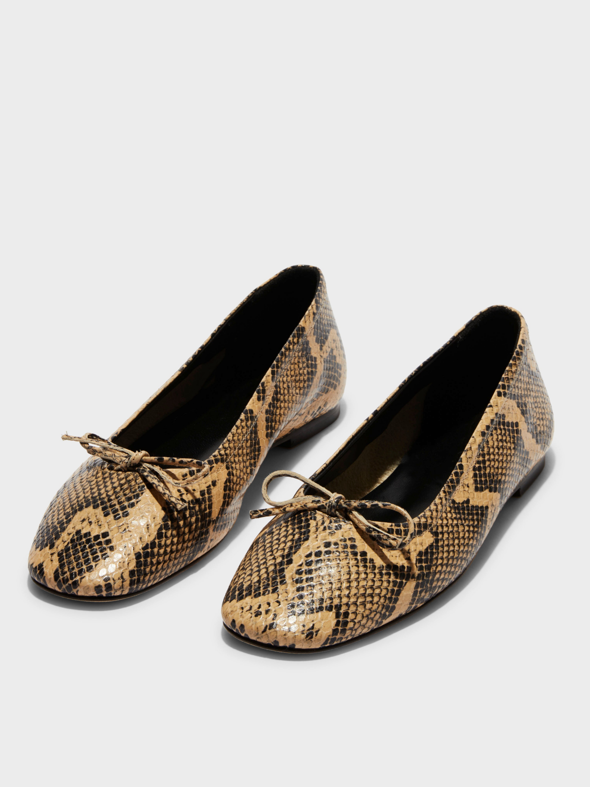 Latte Snakeskin Square-Toe Ballet Flats Bow