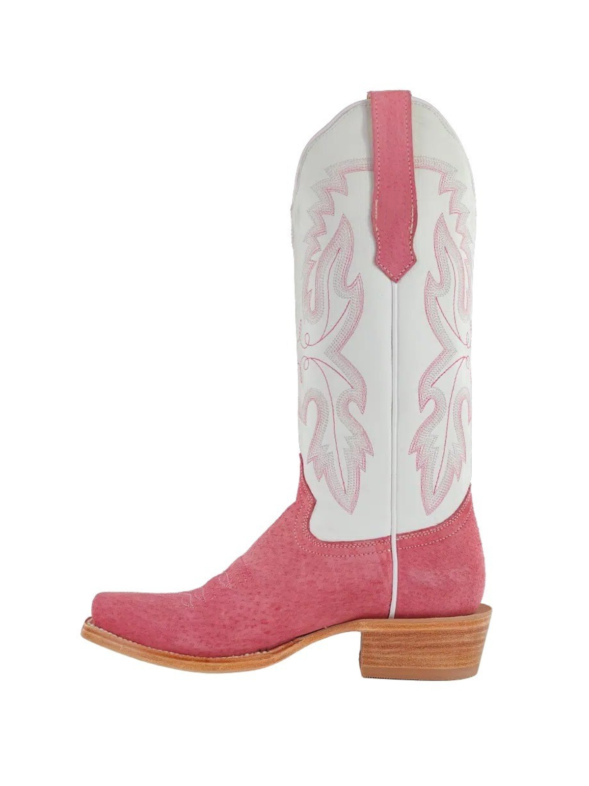 Contrast Rose Pink Faux Suede And White Embroidery Square-Toe Wide Mid Calf Cowgirl Tall Boots