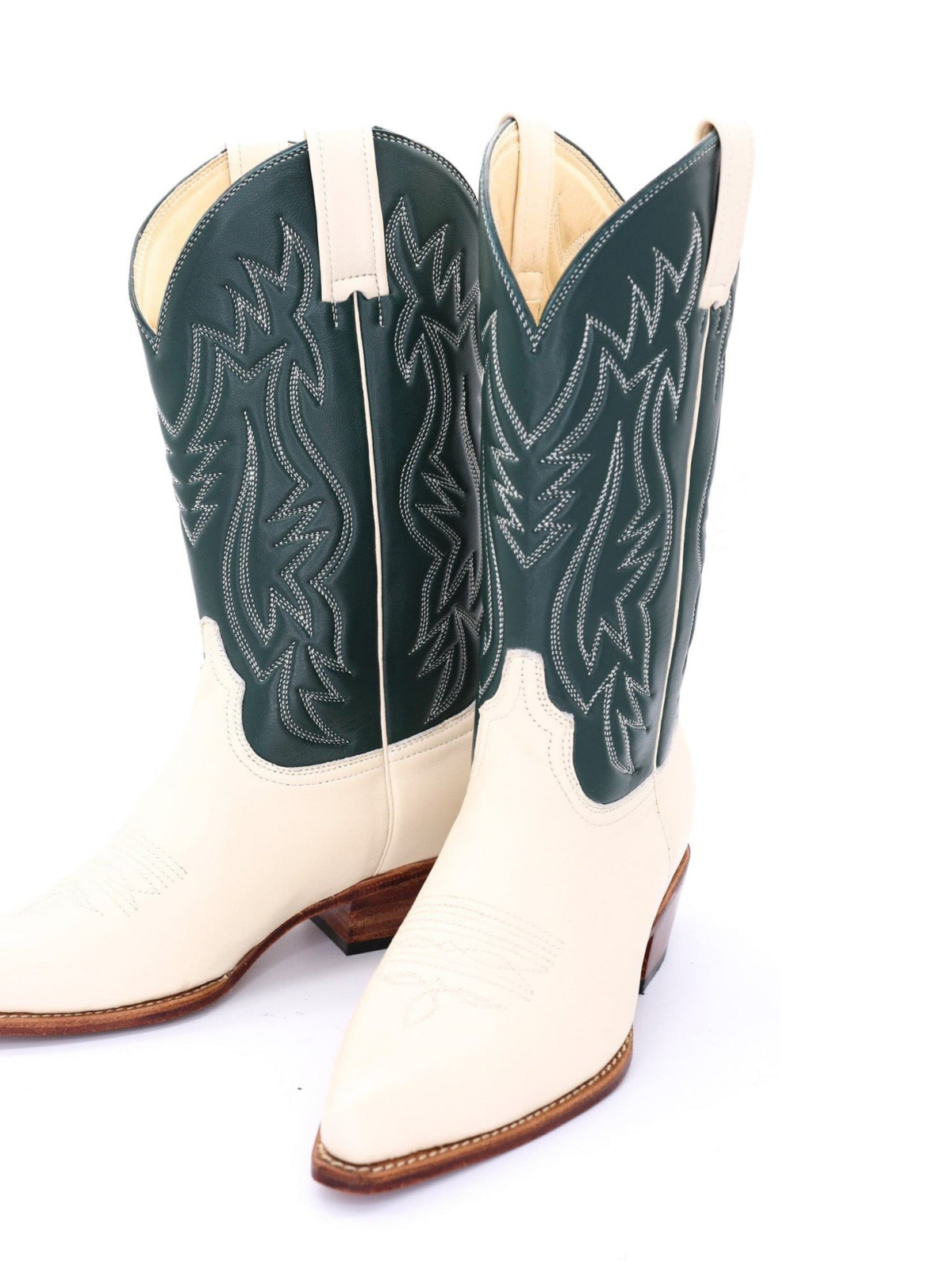 Contrast Cream And Green Snip-Toe Embroidery Wide Mid Calf Cowgirl Boots