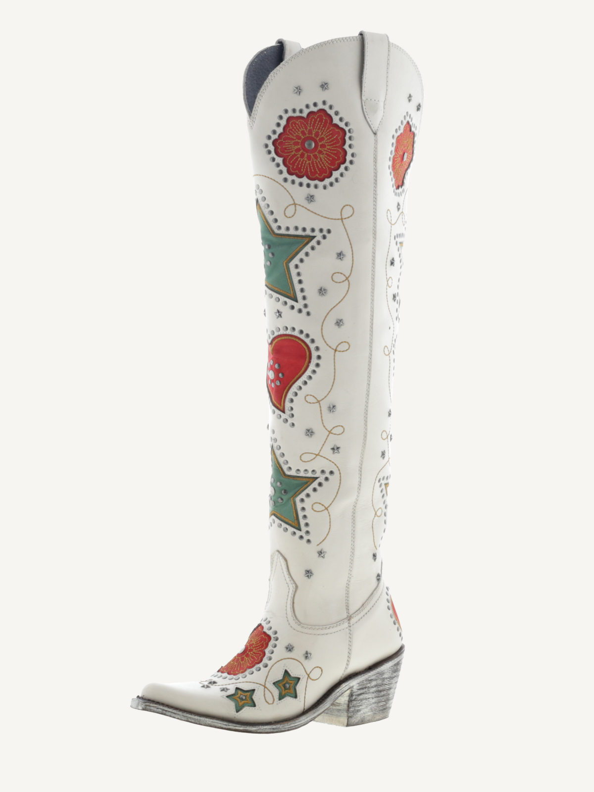 Ivory Studded Hearts Stars Flowers Inlay Metal Stars Applique Half-Zip Over-The-Knee Cowgirl Boots