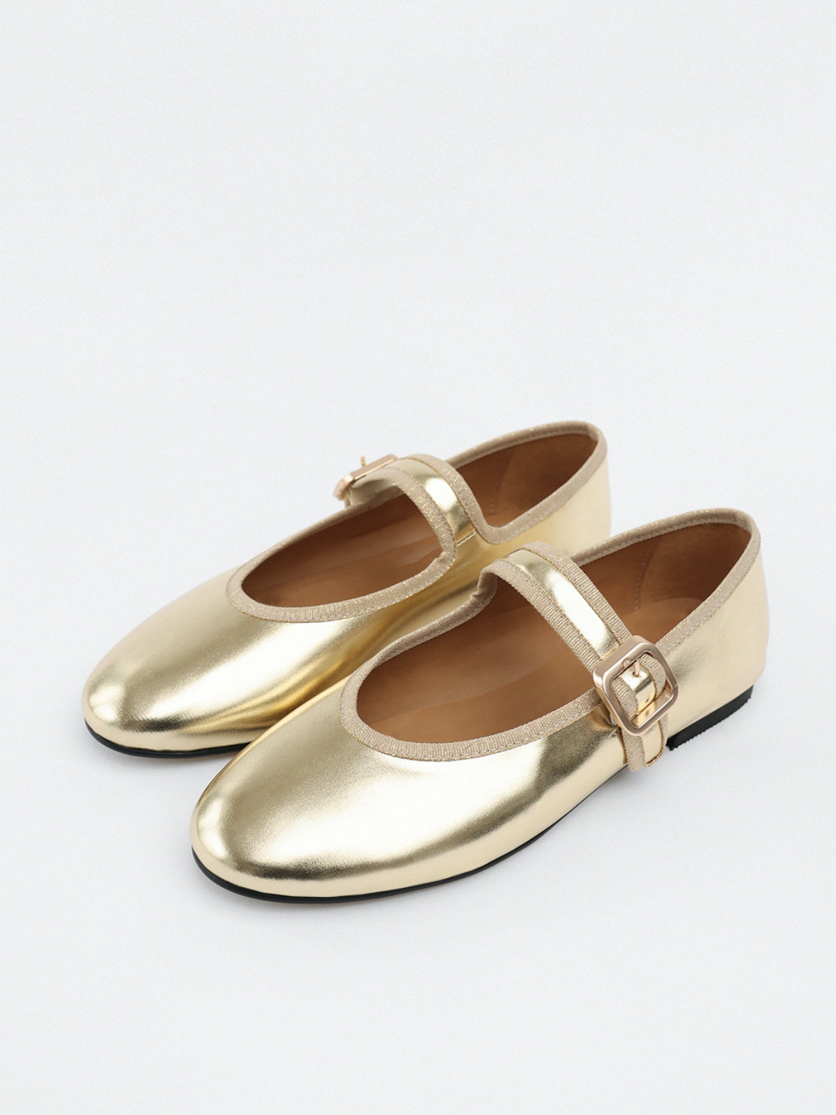 Metallic Gold Buckled Detailed Oval Ballet Flats Mary Janes With Wide Strap