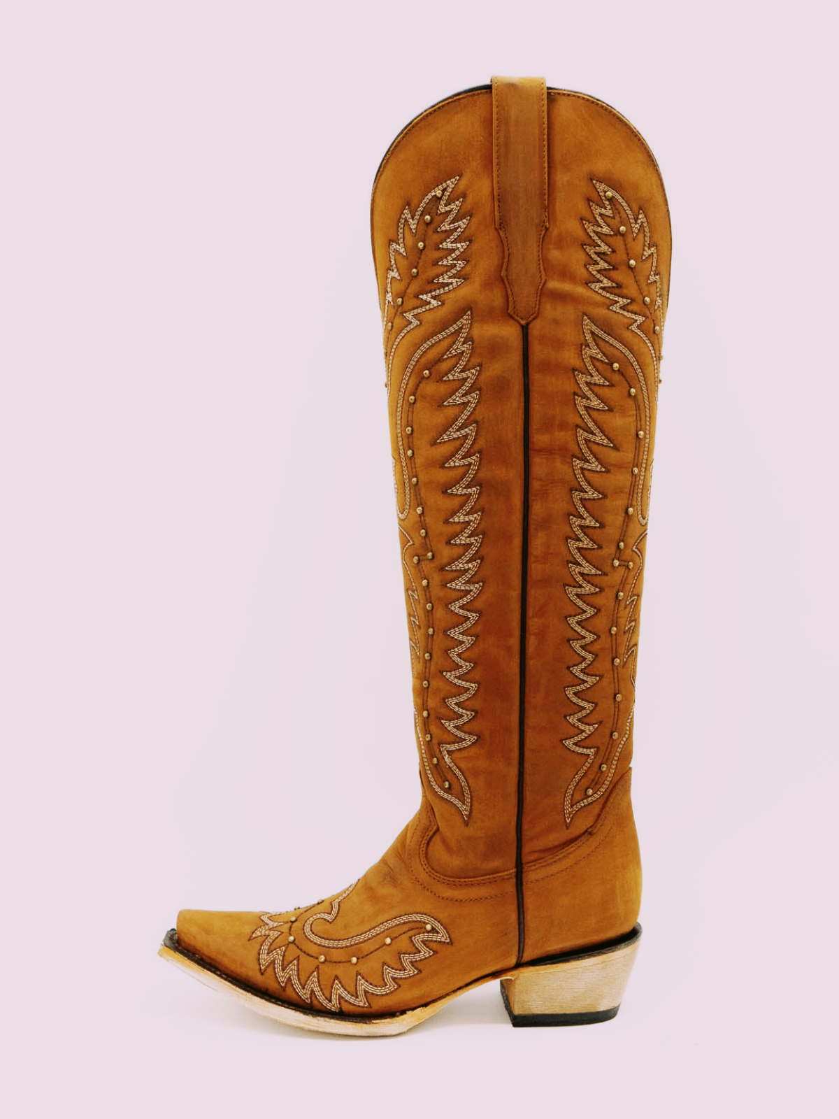 Caramel Snip-Toe Studded Embroidery Half-Zip Tall Knee High Cowgirl Boots