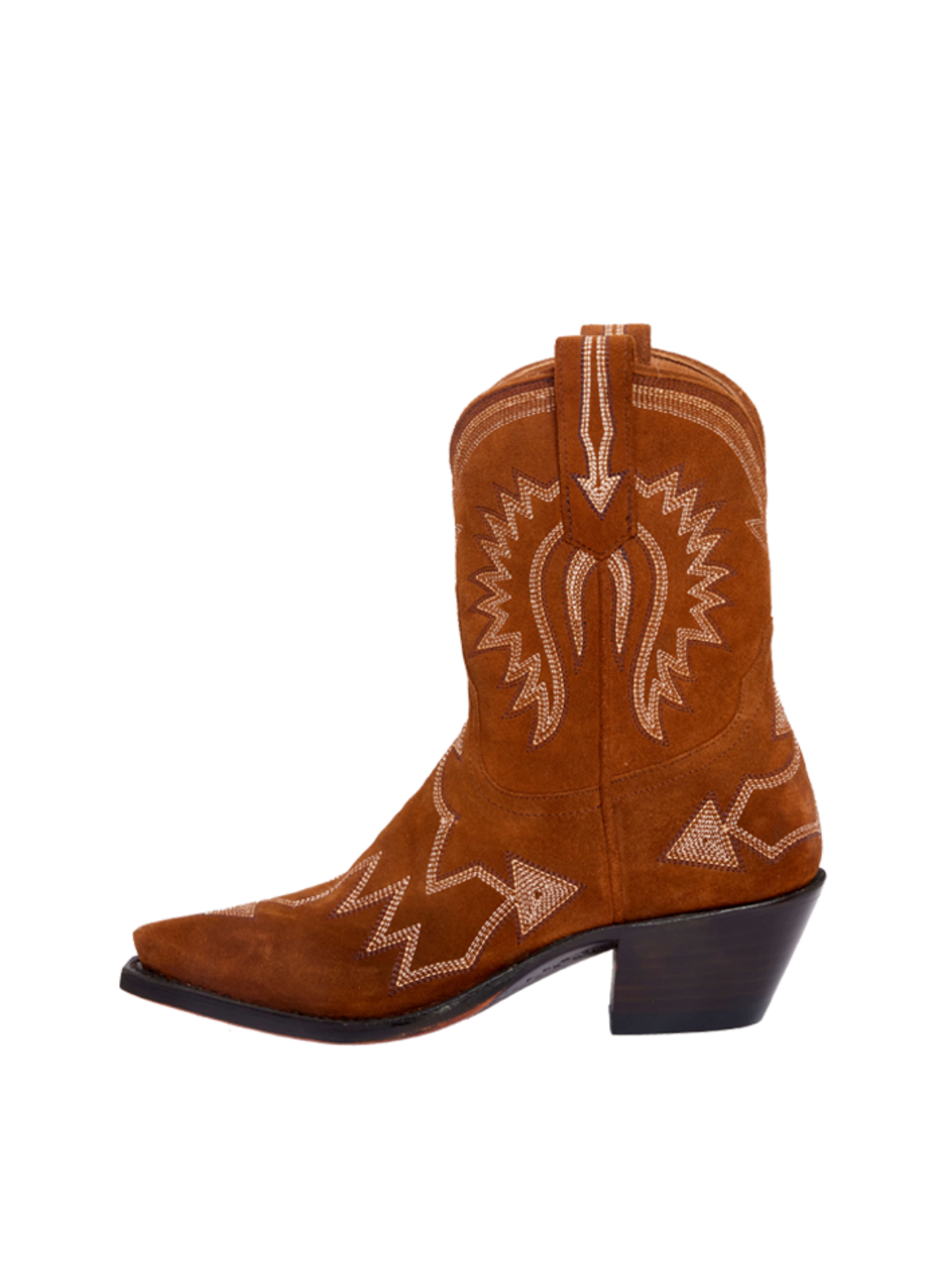 Jagged Embroidery Snip-Toe Wide Mid Calf Cowgirl Boots - Brown Faux Suede