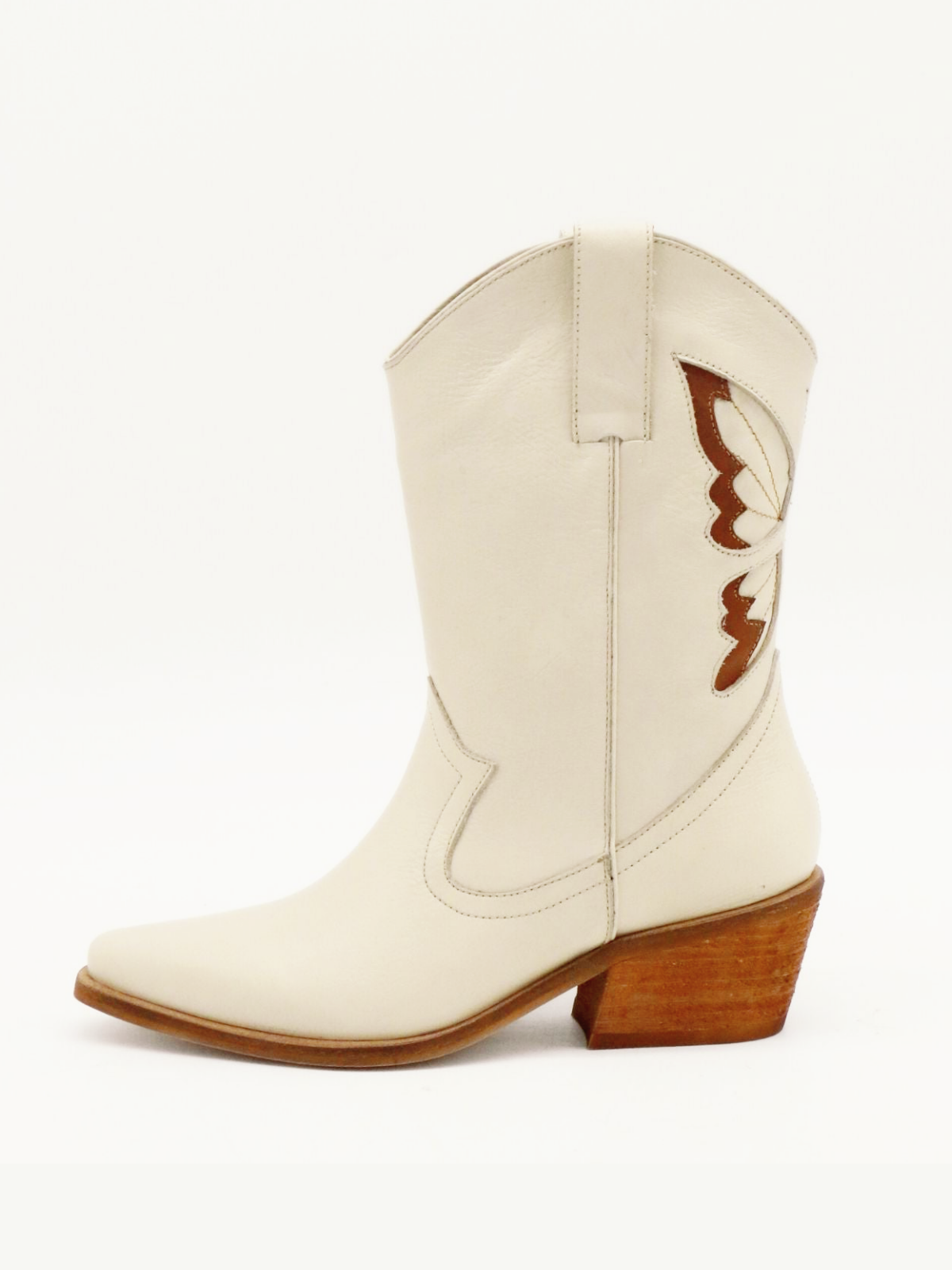 Ivory Snip-Toe Tan Butterfly Inlay Wide Mid Calf Cowgirl Boots