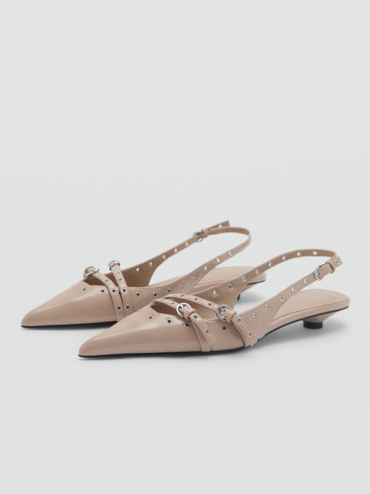 Ice Grey Pointed-Toe Laser-Cut Detail Double Front Strap Slingback Kitten Heels