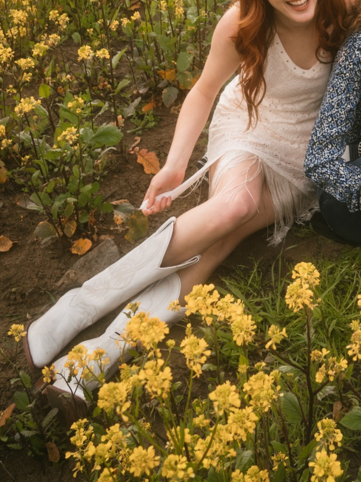 White Almond-Toe Fallen Leaves Embroidery Wide Mid Calf Tall Cowgirl Boots