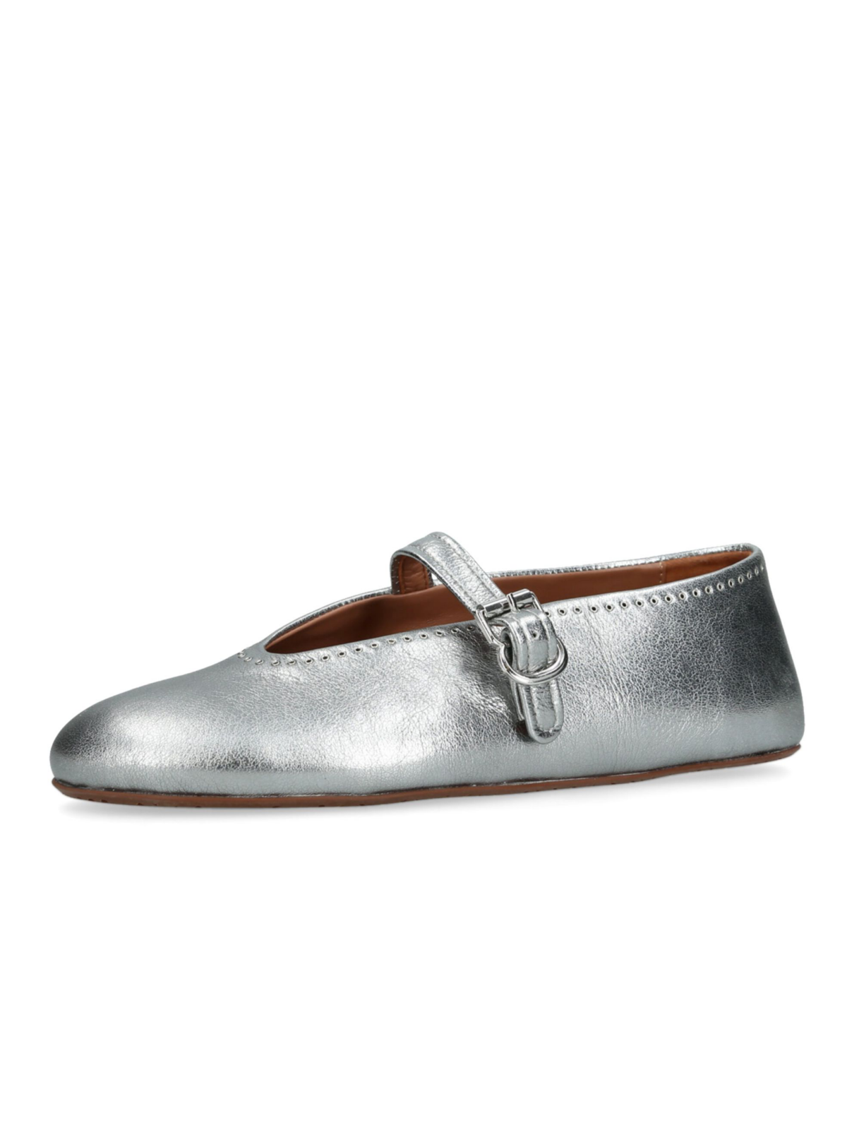 Metallic Silver Eyelet Ballet Flats Mary Janes With Buckled Strap