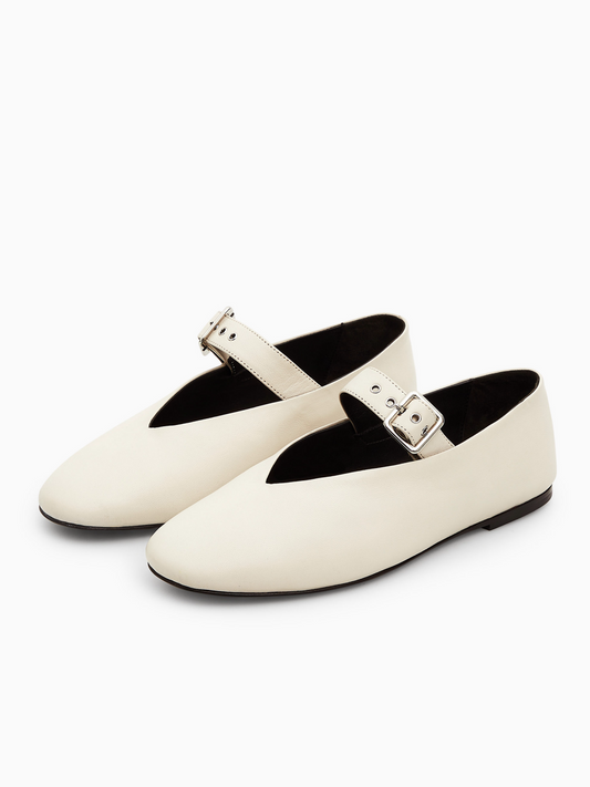 Ivory Round-Toe Bridge Buckle Mary Janes Ballet Flats