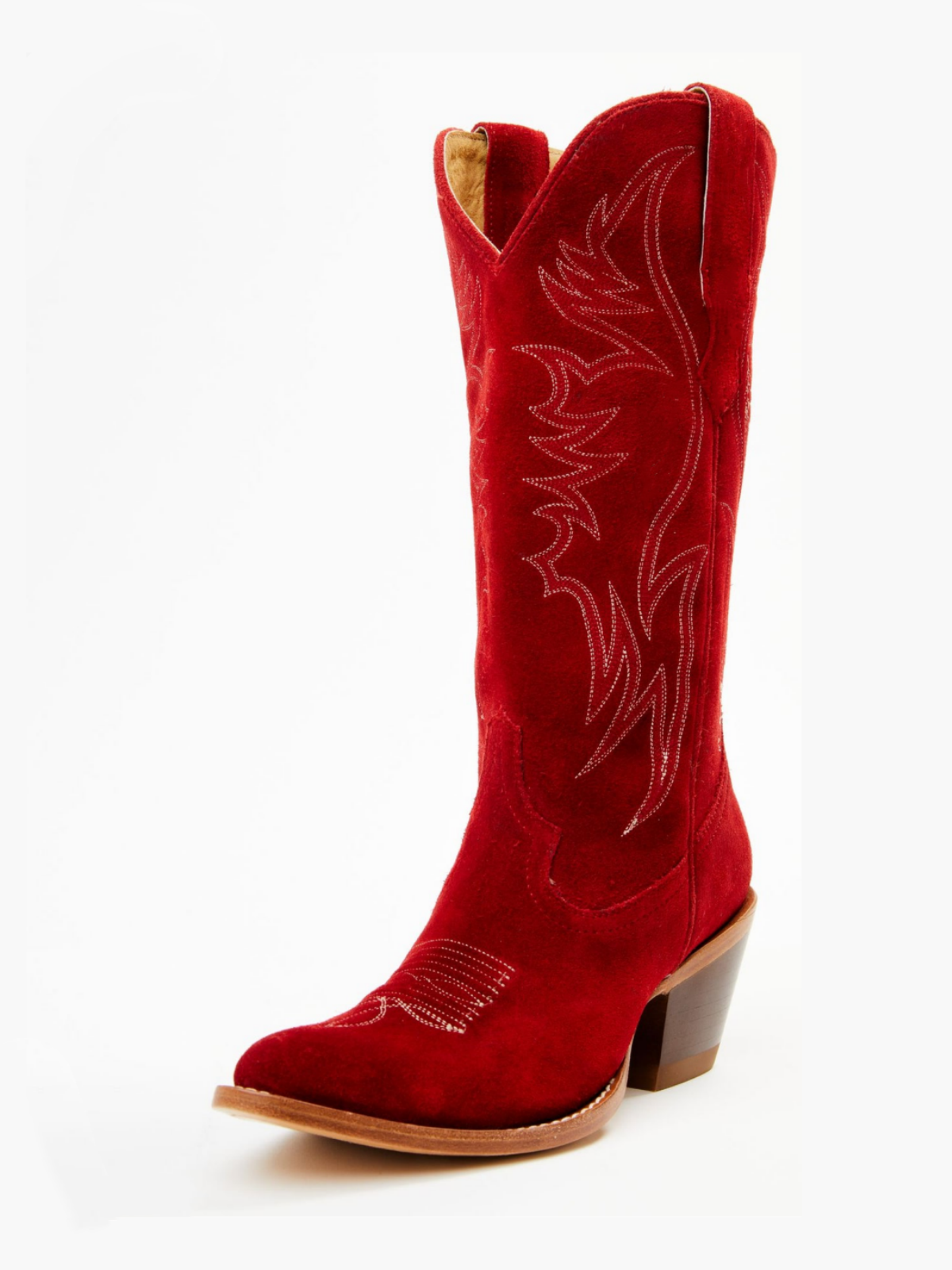 Faux Suede Wings Embroidery Pointed-Toe Wide Mid Calf Tall Cowgirl Boots - Cherry Red