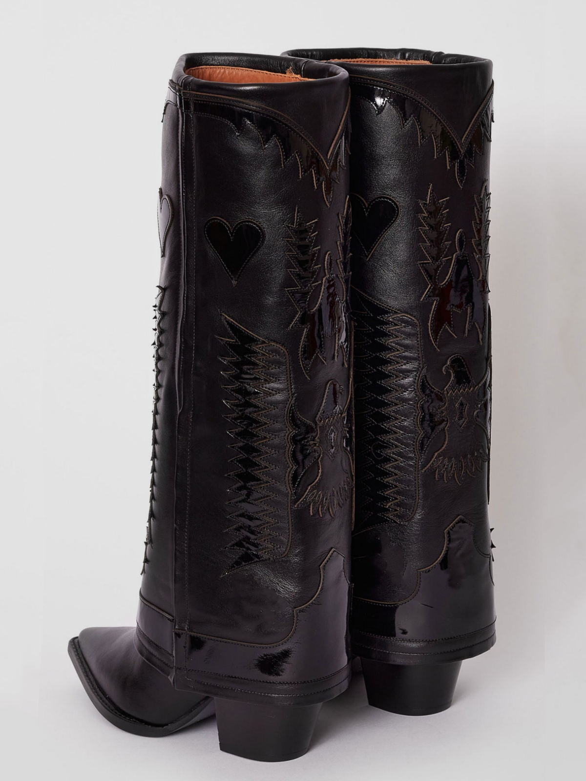 Fold-Over Panel Eagle And Heart Applique And Embroidery Wide Mid Calf Boots - Black