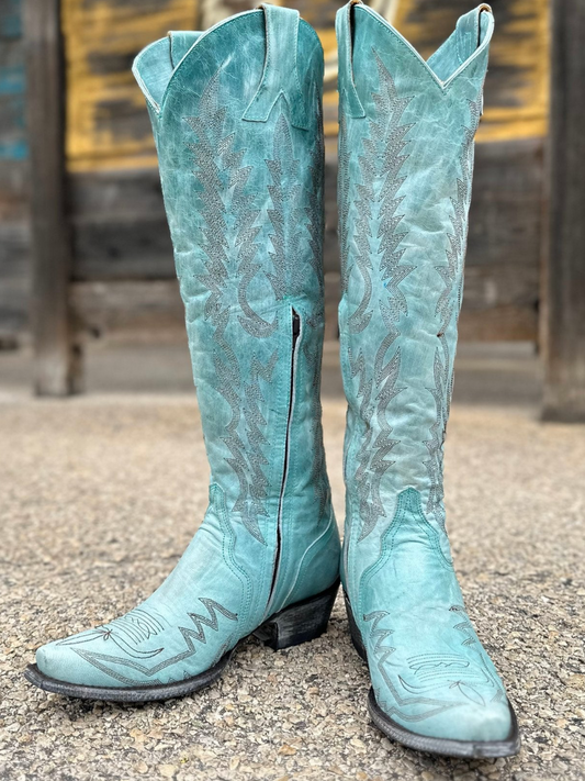 Embroidery Half-Zip Snip-Toe Tall Knee High Cowgirl Boots - Aqua