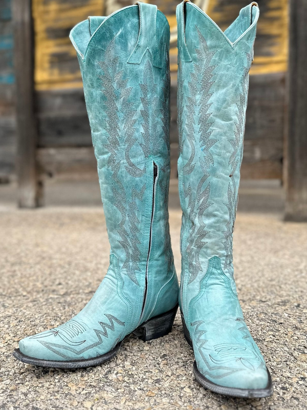 Embroidery Half-Zip Snip-Toe Tall Knee High Cowgirl Boots - Aqua ...