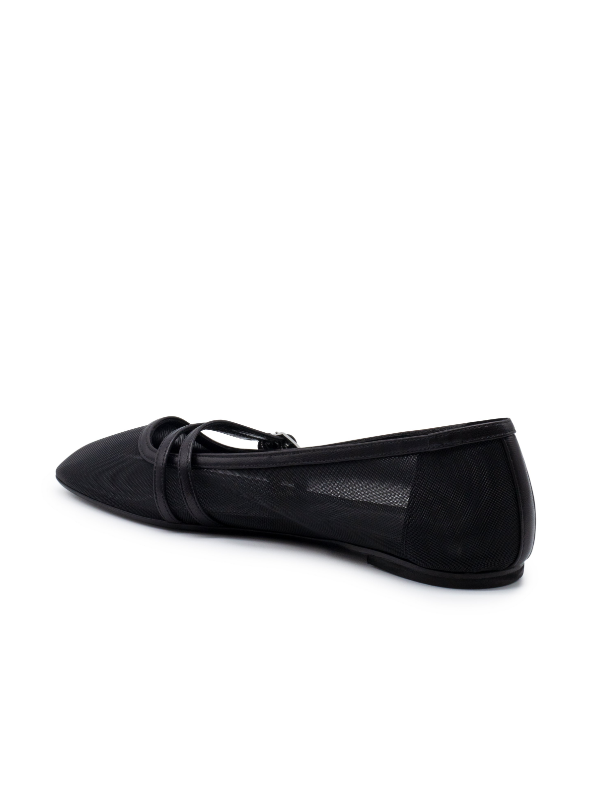 Black Square Toe Semi-Transparent Mesh Ballet Flats With Double Buckled Strap