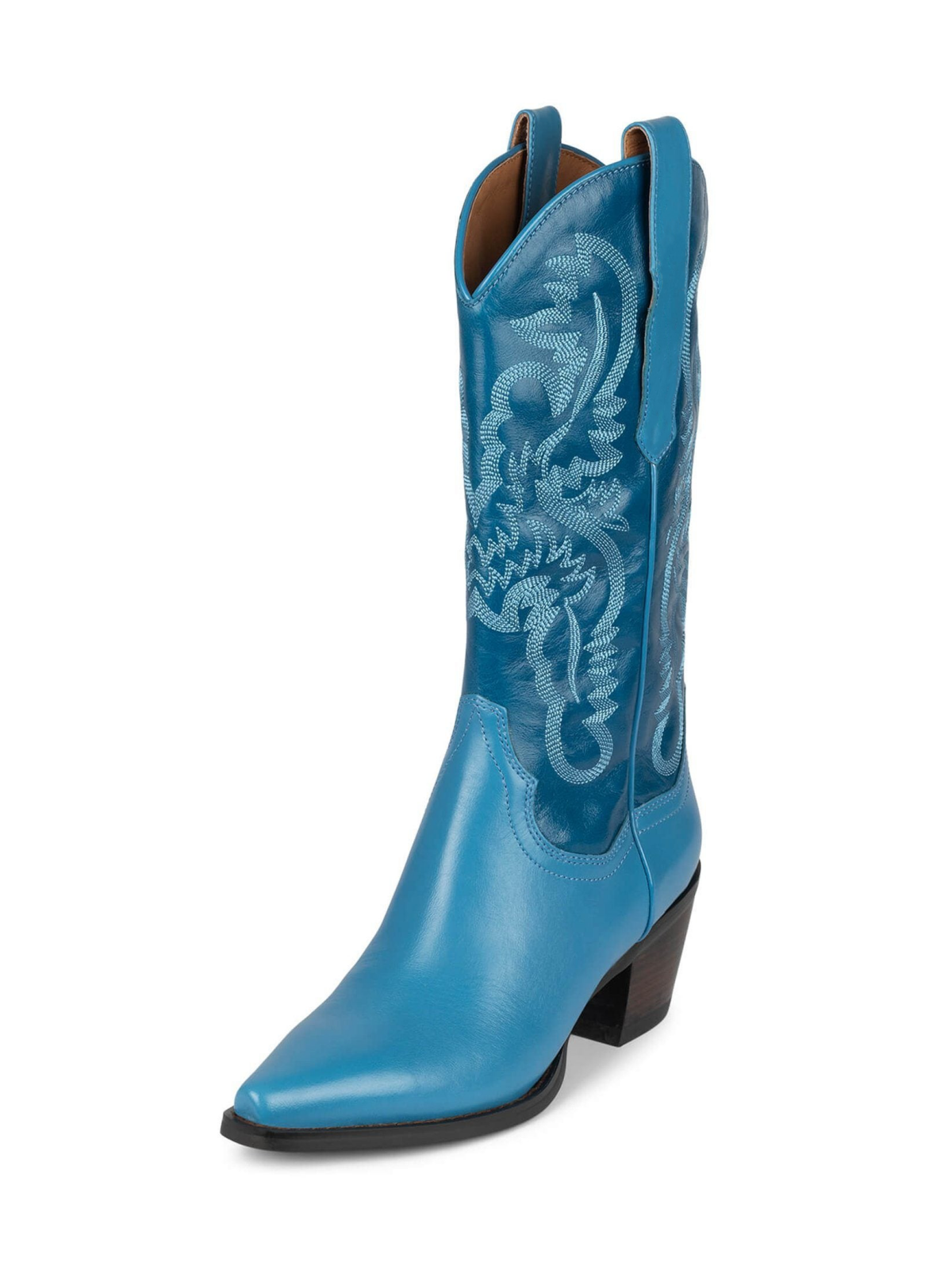 Contrast Blue And Dark Blue Snip-Toe Embroidery Wide Mid Calf Tall Cowgirl Boots