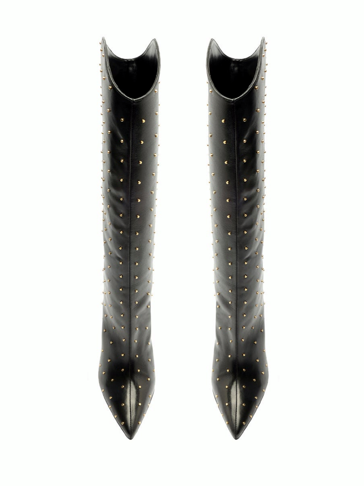 Black Pointed-Toe Wide Mid Calf Stiletto Boots With Studs