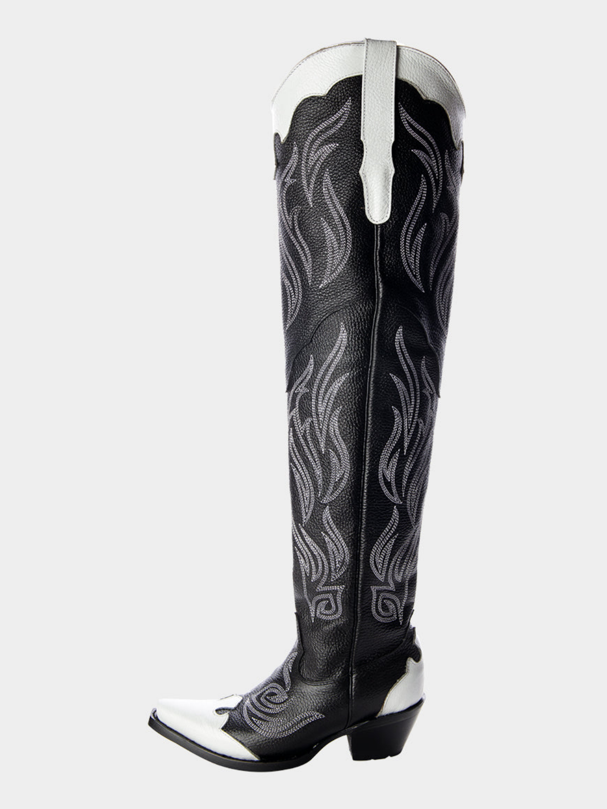 Contrast Black And White Snip-Toe Embroidery Wide Calf Over-The-Knee Western Boots