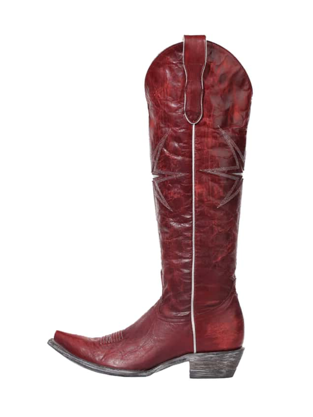 Wine Red Snip-Toe Starburst Inlay Embroidery Half-Zip Knee High Cowgirl Boots