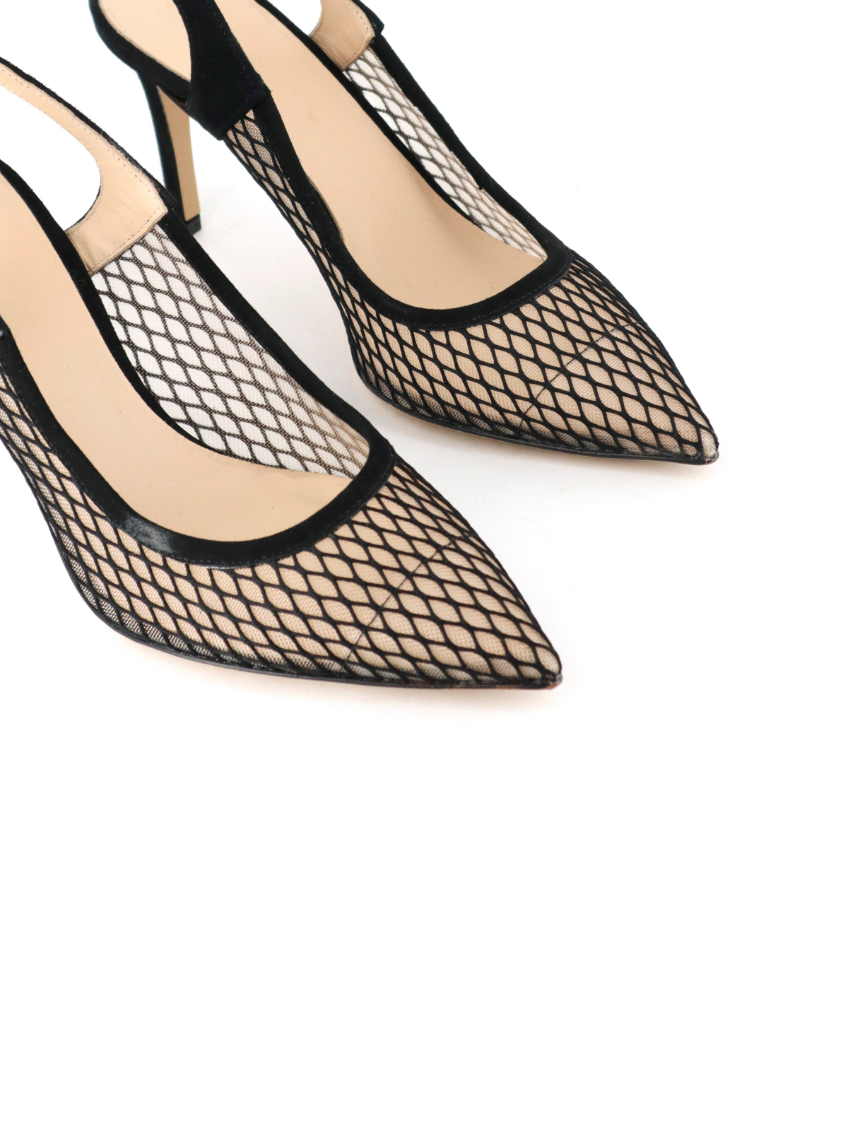 Black Pointy High Heels Slingback Pumps in Fishnet & Faux Suede