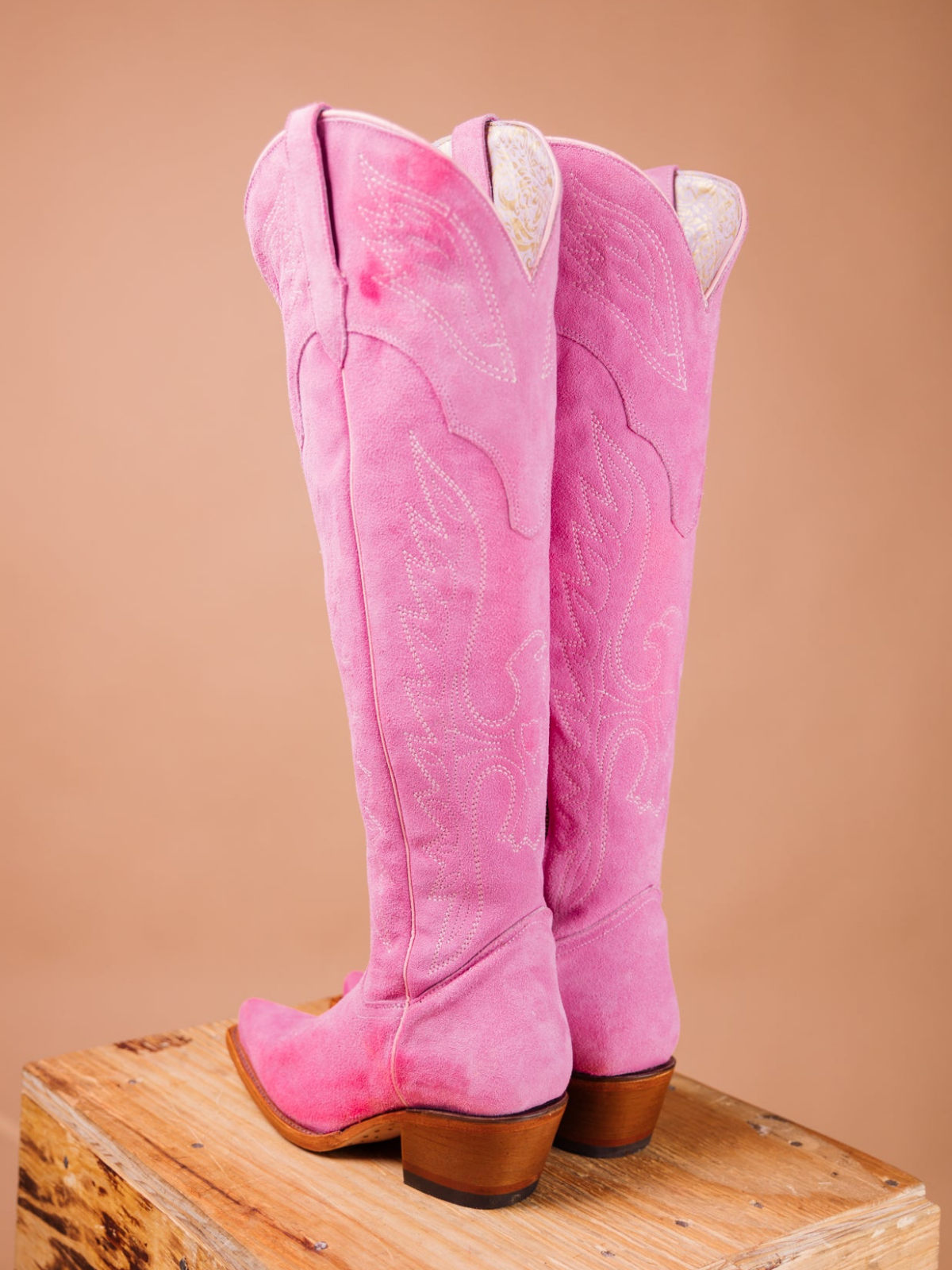 Eagle Embroidery Snip-Toe Half-Zip Over-The-Knee Tall Cowgirl Boots - Pink Faux Suede