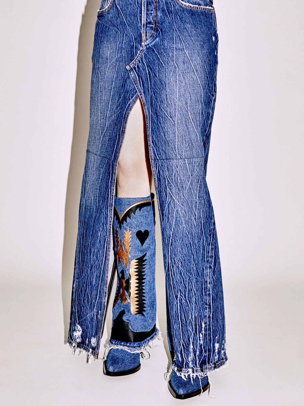 Blue Denim Fold-Over Panel Embroidered With Eagle And Heart Wide Mid Calf Boots