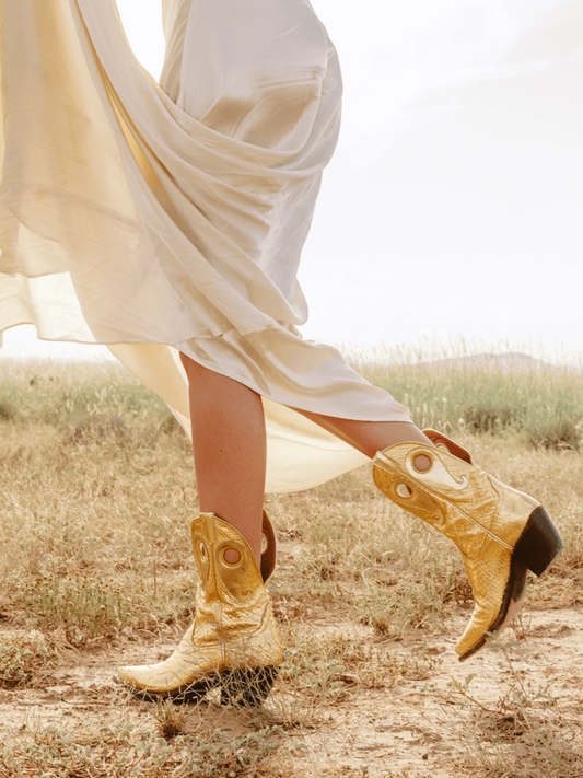 Metallic Gold Snakeskin Cutout Snip-Toe Wide Mid Calf Cowgirl Boots With Mirrored Gold Paisley