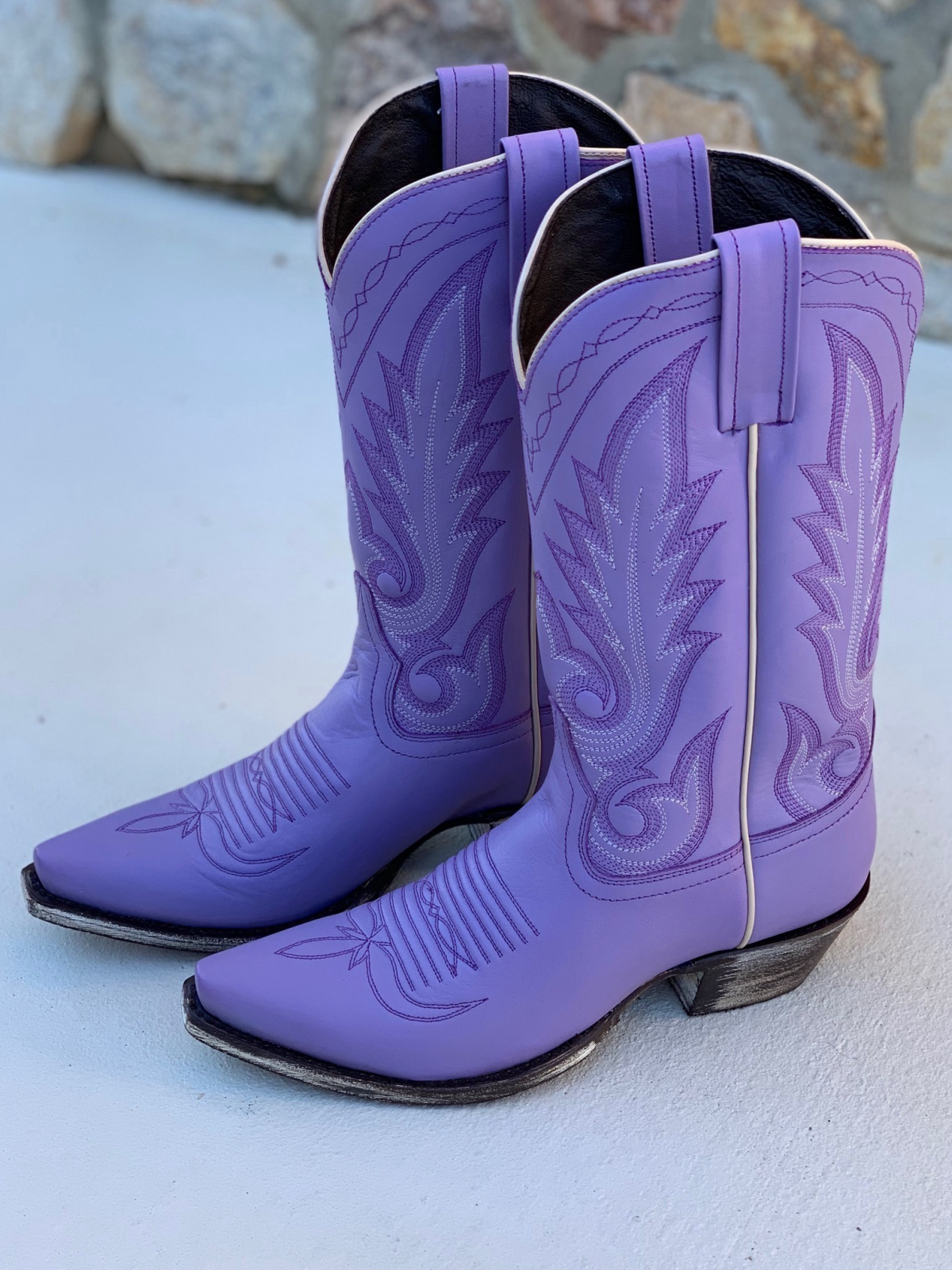 Lilac Purple Snip-Toe Embroidery Wide Mid Calf Tall Western Boots