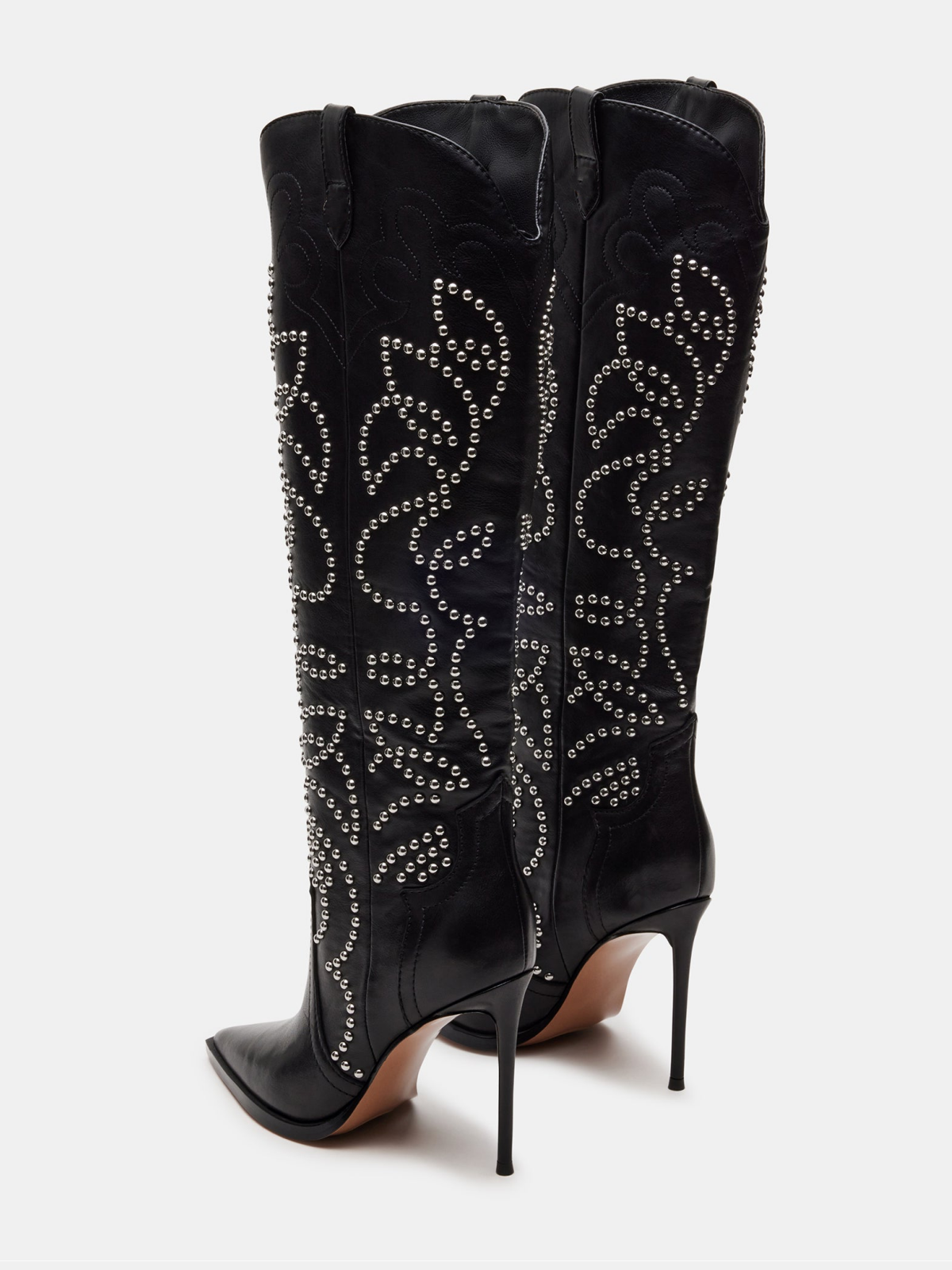 Black Vegan Leather Pointed-Toe Studded Embroidery Wide Mid Calf Stiletto Boots