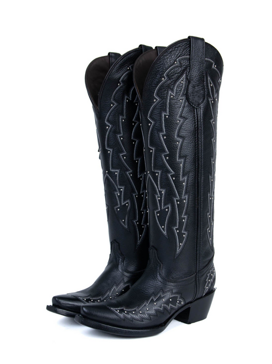 Black Studded Embroidery Snip-Toe Half-Zip Cowgirl Knee High Tall Boots