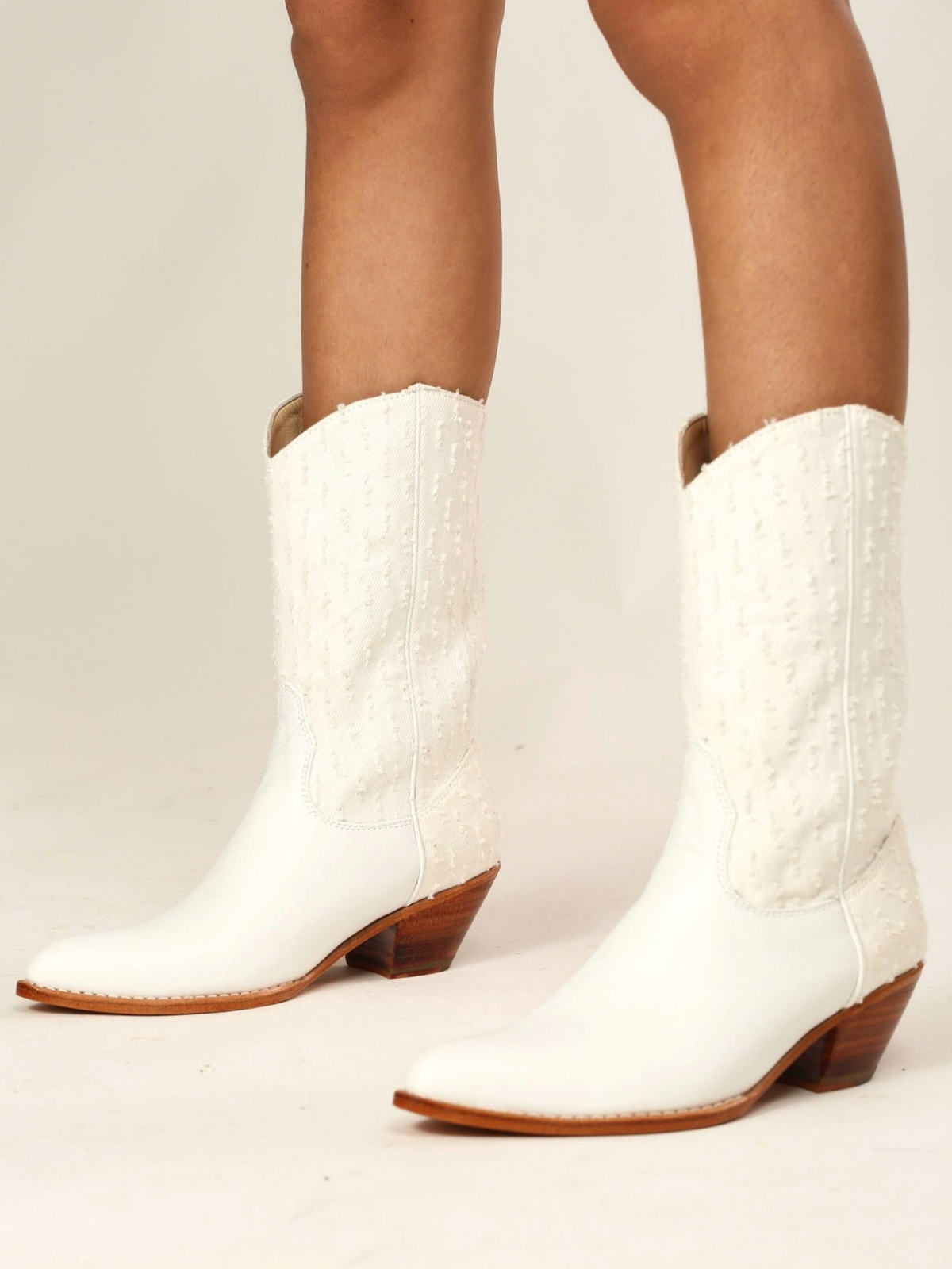 White Denim And Vegan Leather Almond-Toe Back-Zip Mid Calf Cowgirl Boots