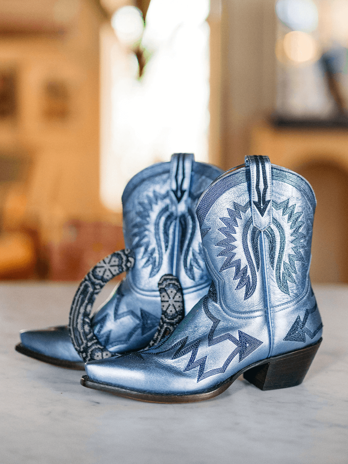 Metallic Embroidery Snip-Toe Wide Mid Calf Cowgirl Boots - Light Blue