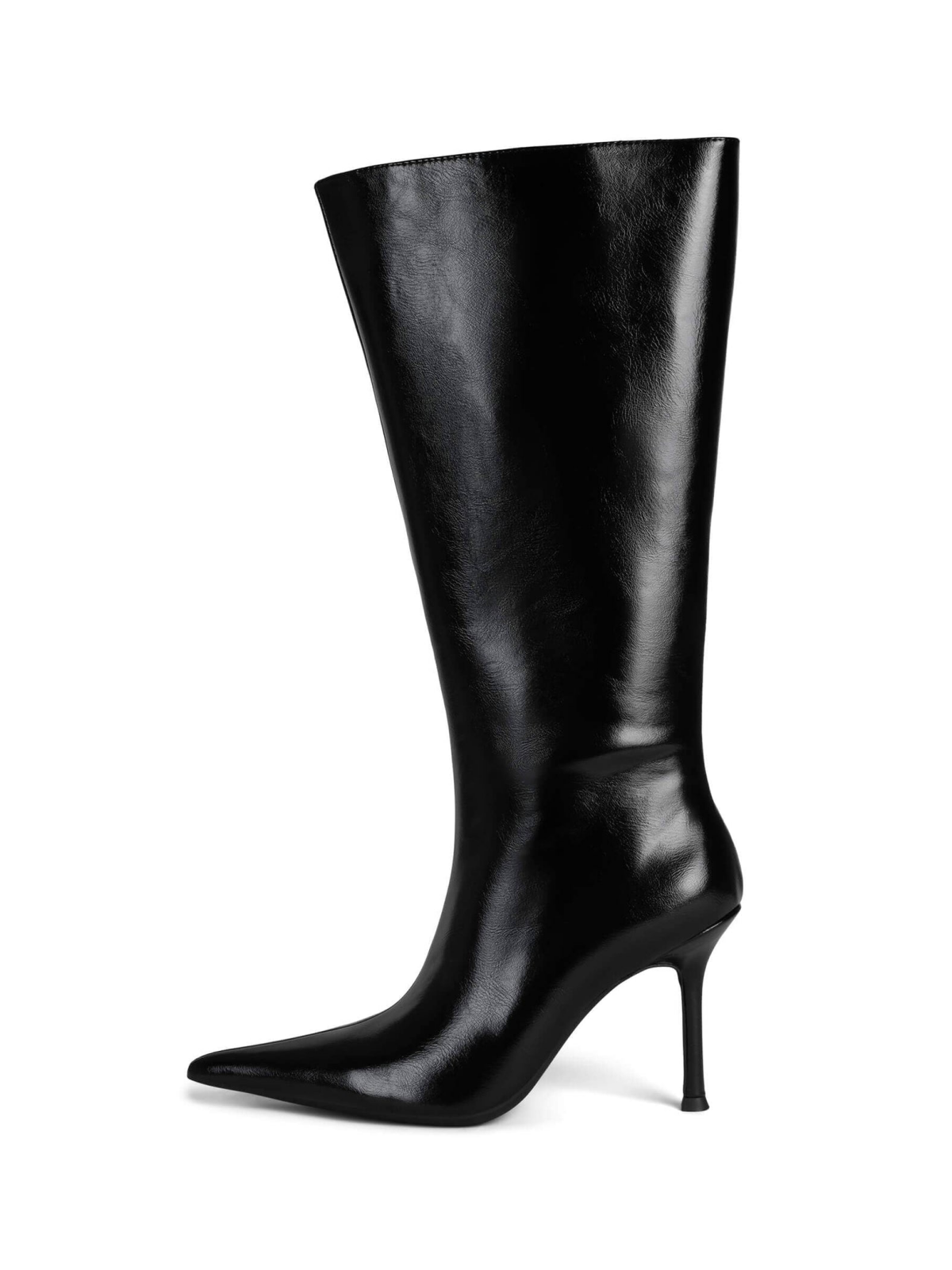 Black Pointed-Toe Mid Calf Full-Zip Stiletto Boots With Wide Shaft