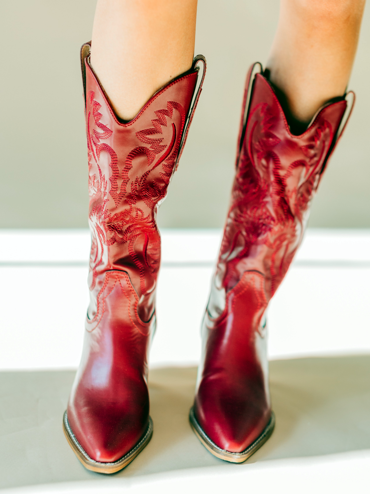 Fiery Red Embroidery Snip-Toe Wide Mid Calf Tall Cowgirl Boots