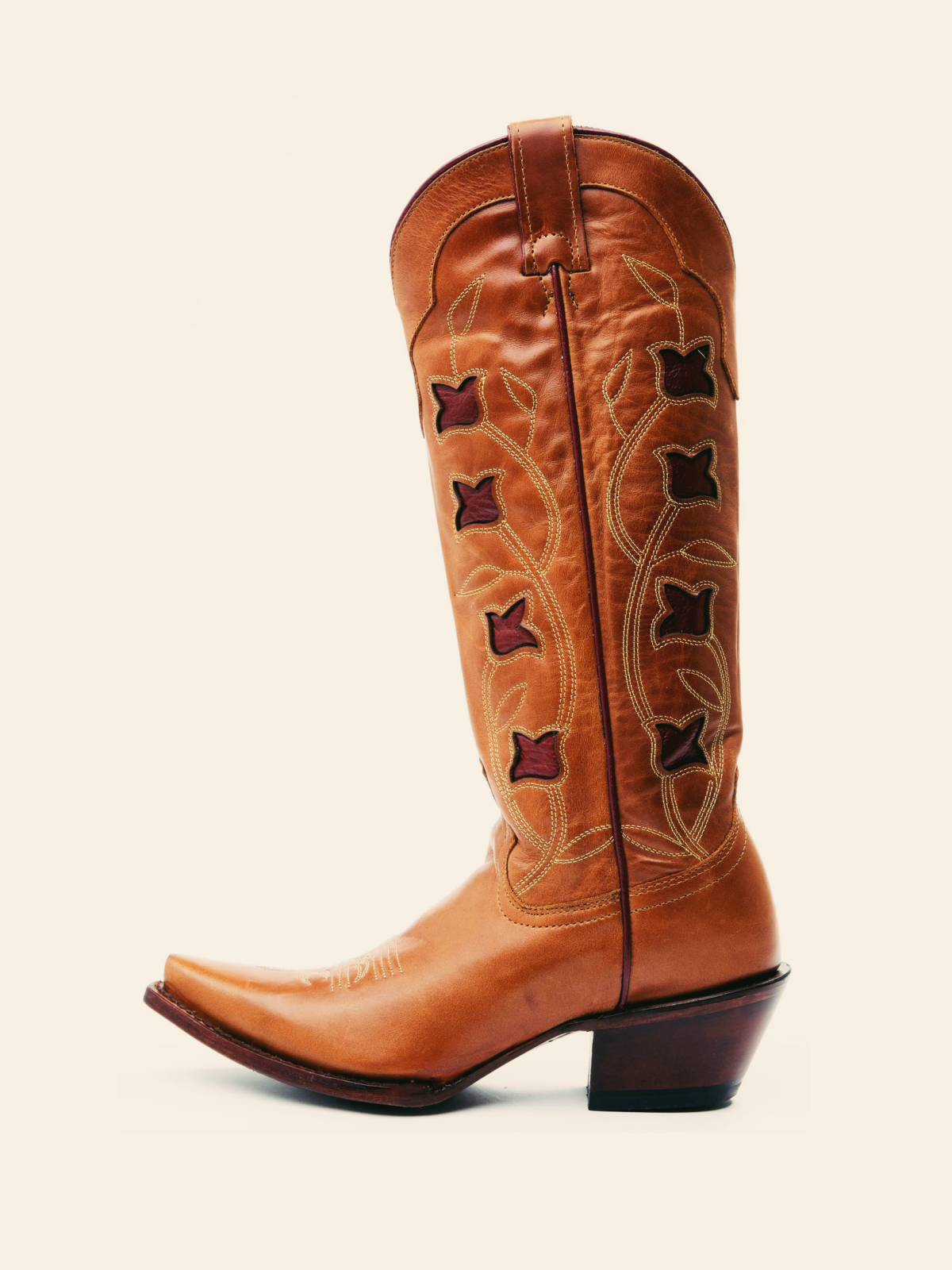 Cognac Snip-Toe Wide Mid Calf Western Cowgirl Boots With Red Flower Inlay