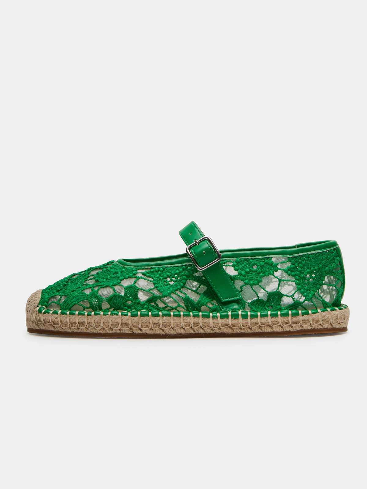 Green Round-Toe Bridge Strap Side Buckle Lace Mesh Mary Janes Espadrille Flats