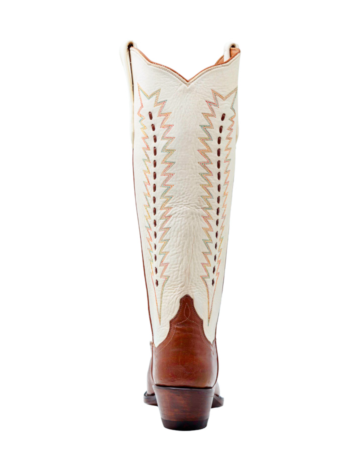 Contrast Cream And Cognac Snip-Toe Embroidery Running Stitch Wide Mid Calf Tall Cowgirl Boots