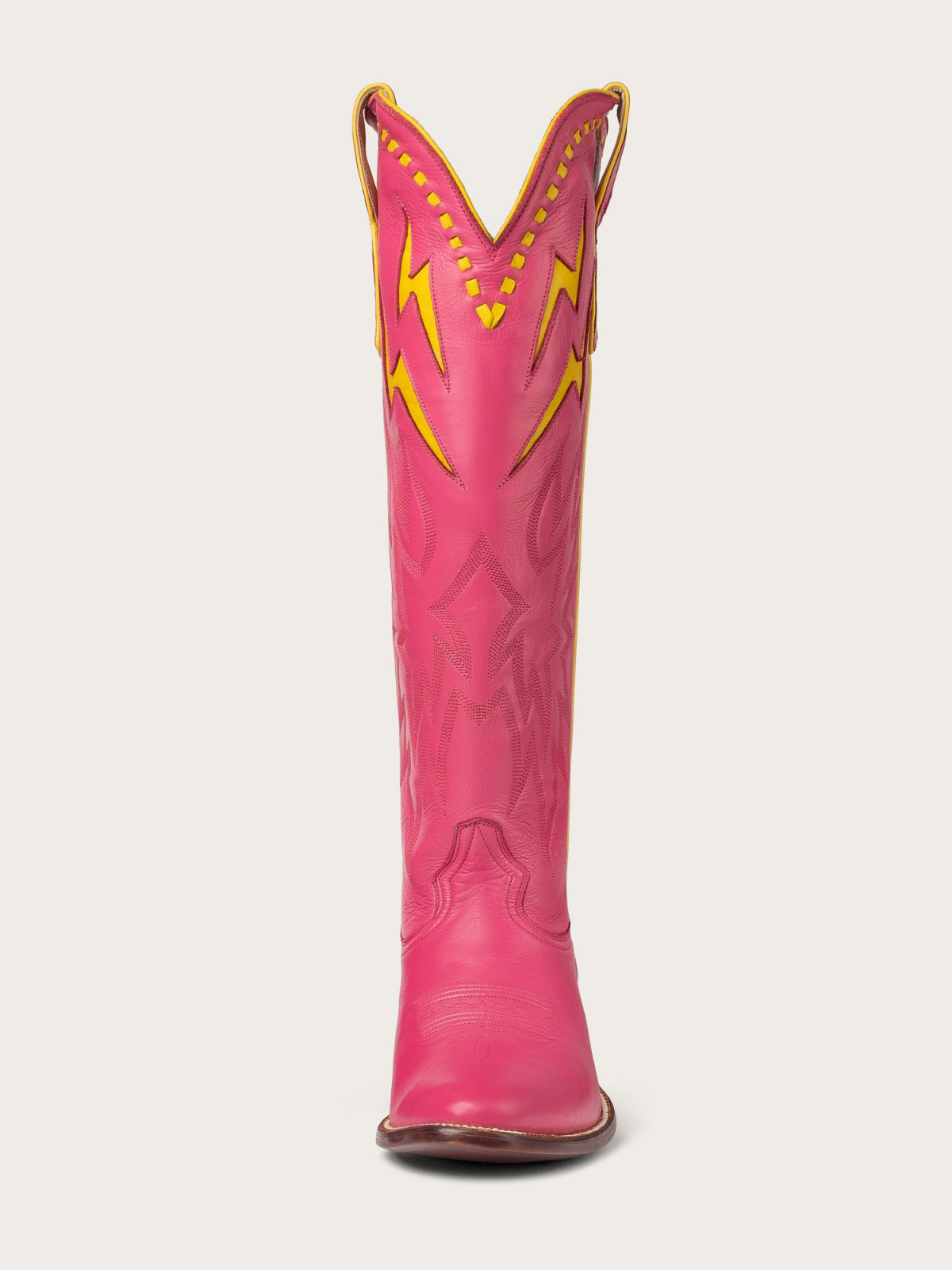 Yellow Lightning Inlay Stitch Embroidery Almond-Toe Wide Mid Calf Tall Cowgirl Boots - Fuchsia