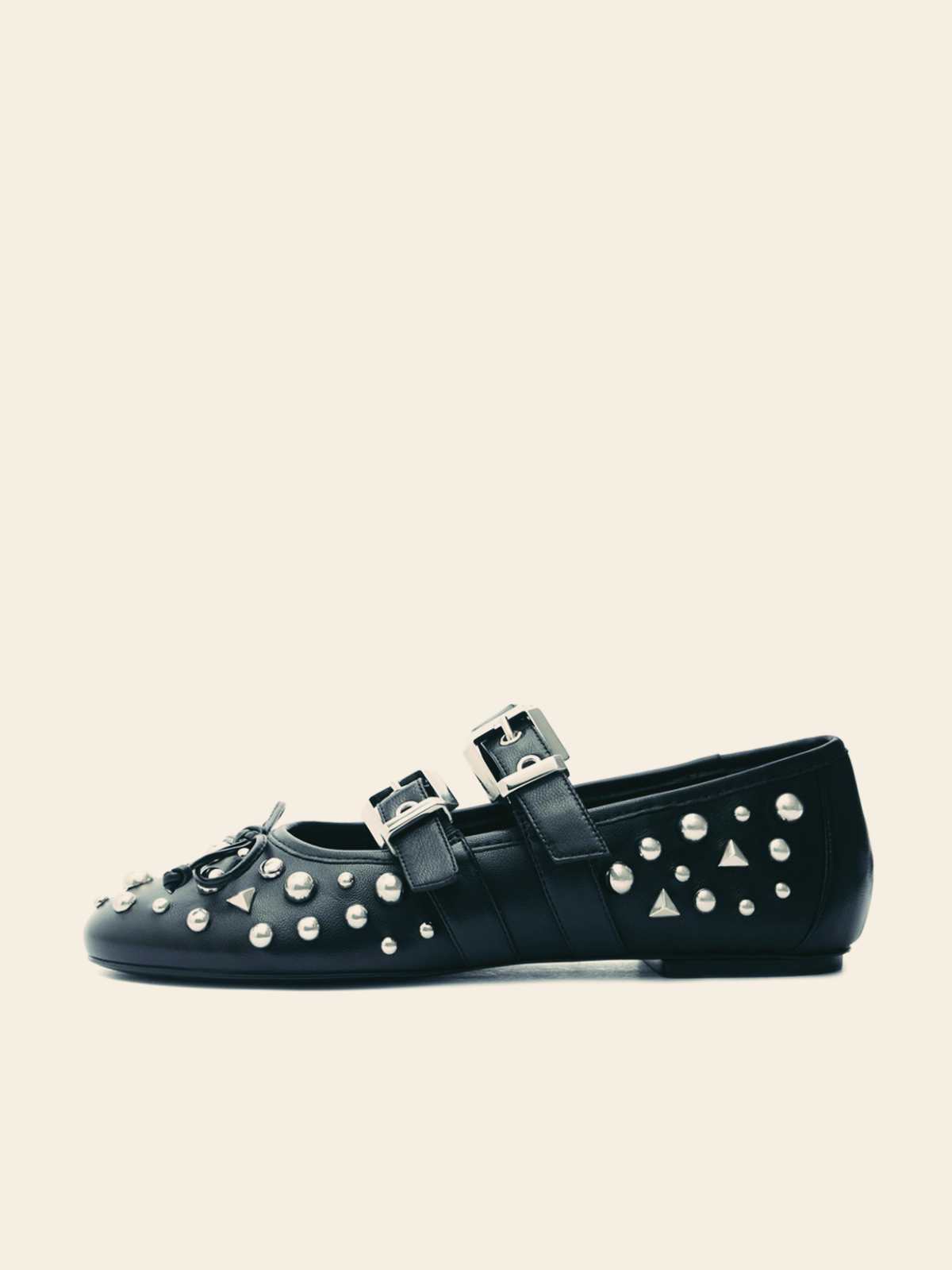 Black Bow Studded Ballet Flats Mary Janes With Grommet Buckled Strap