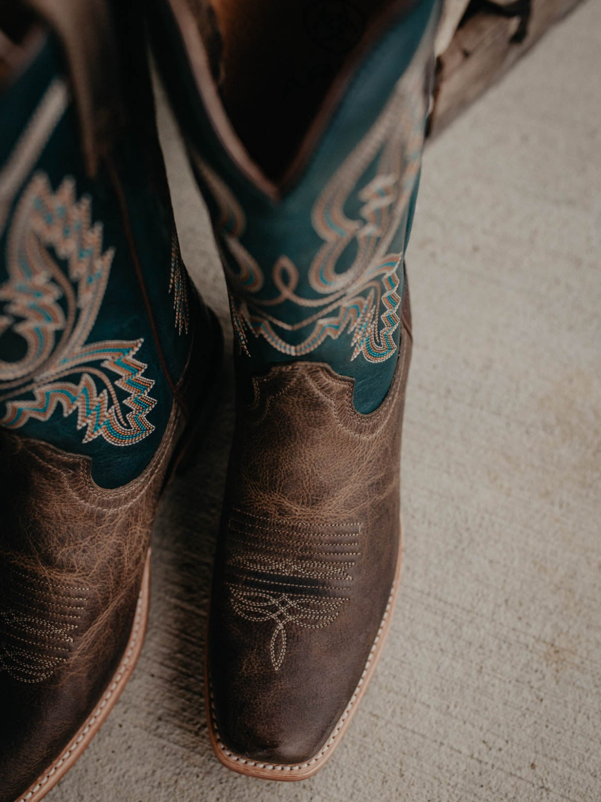 Contrast Brown And Blue Square-Toe Embroidery Wide Mid Calf Cowgirl Boots