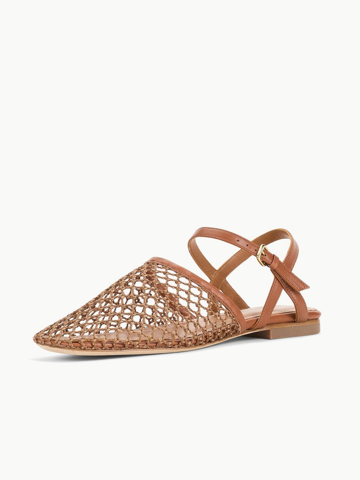 Brown Netting Square Toe Flats Sandals With Ankle Strap