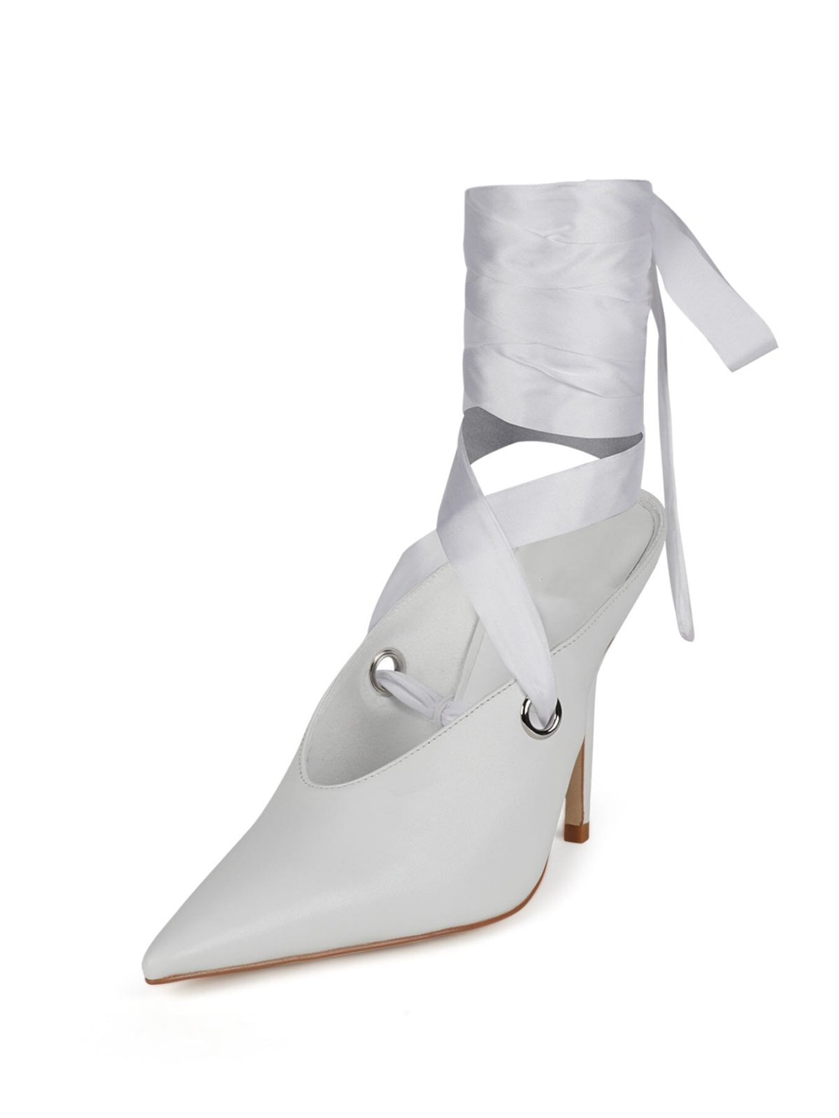 Patent White Pointed-Toe Satin Thick Ankle Strap Pump High Heels