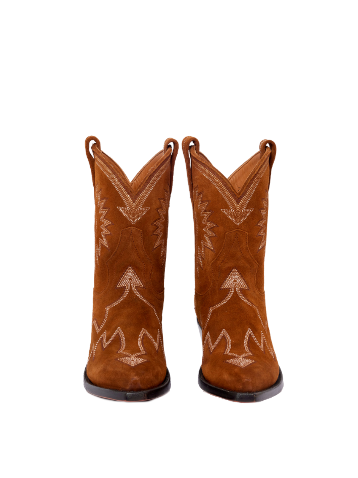 Jagged Embroidery Snip-Toe Wide Mid Calf Cowgirl Boots - Brown Faux Suede