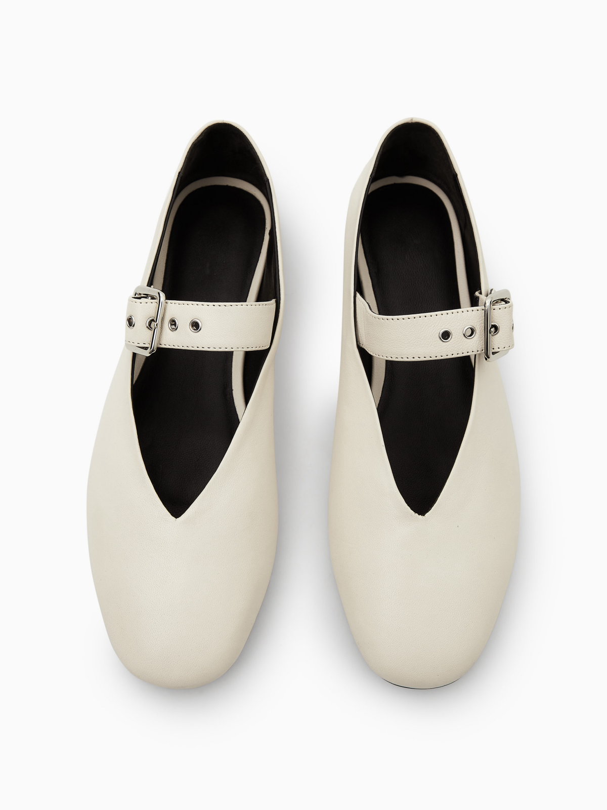 Ivory Round-Toe Bridge Buckle Mary Janes Ballet Flats